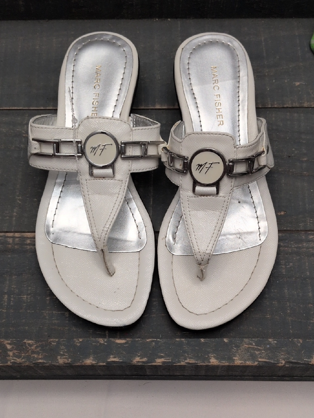 Marc Fisher White and Silver Thong Sandals with Logo Accent
